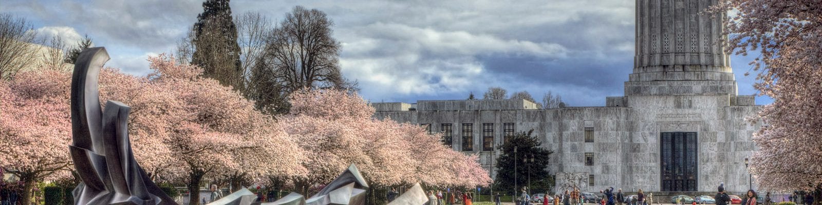 The Oregon Capitol Building and Capitol Mall in downtown Salem, Oregon.