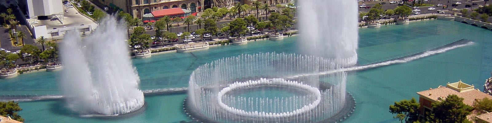 View from a hotel window of the famous Bellagio Fountain in Las Vegas, Nevada.