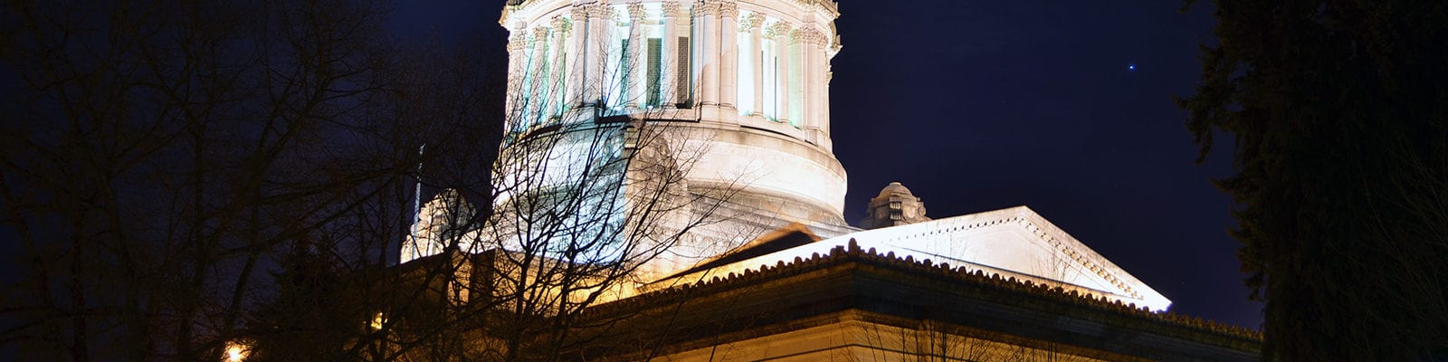 The Washington State Capitol Building photographed at night in Olympia, Washington.