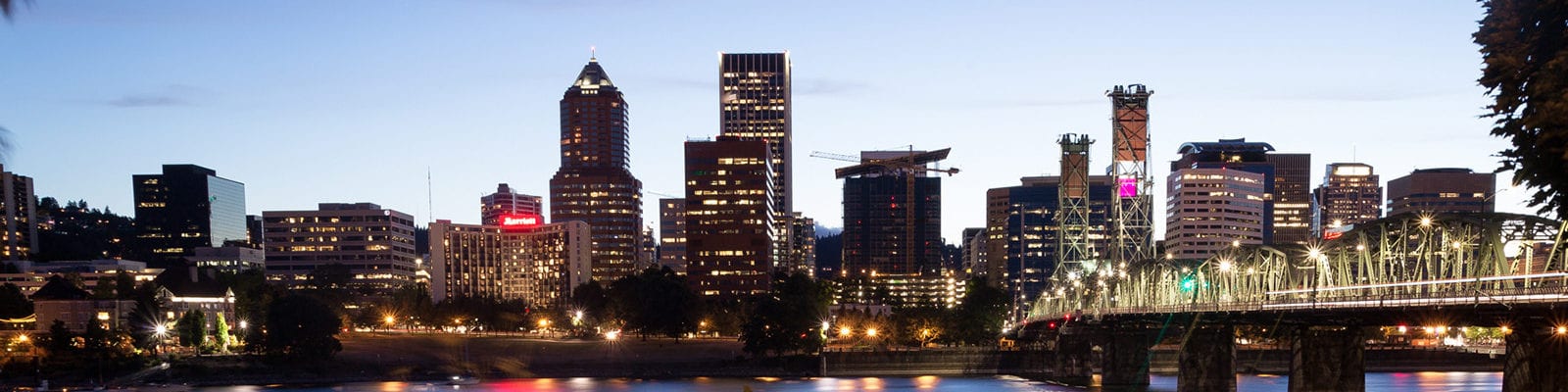 The dusk skyline of downtown Portland, Oregon.